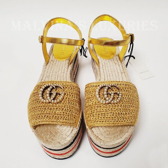 GUCCI SHOES LILIBETH PLATFORM ESPADRILLE SANDALS PEARL G LOGO sz 38.5 US 8.5 - Picture 5 of 13